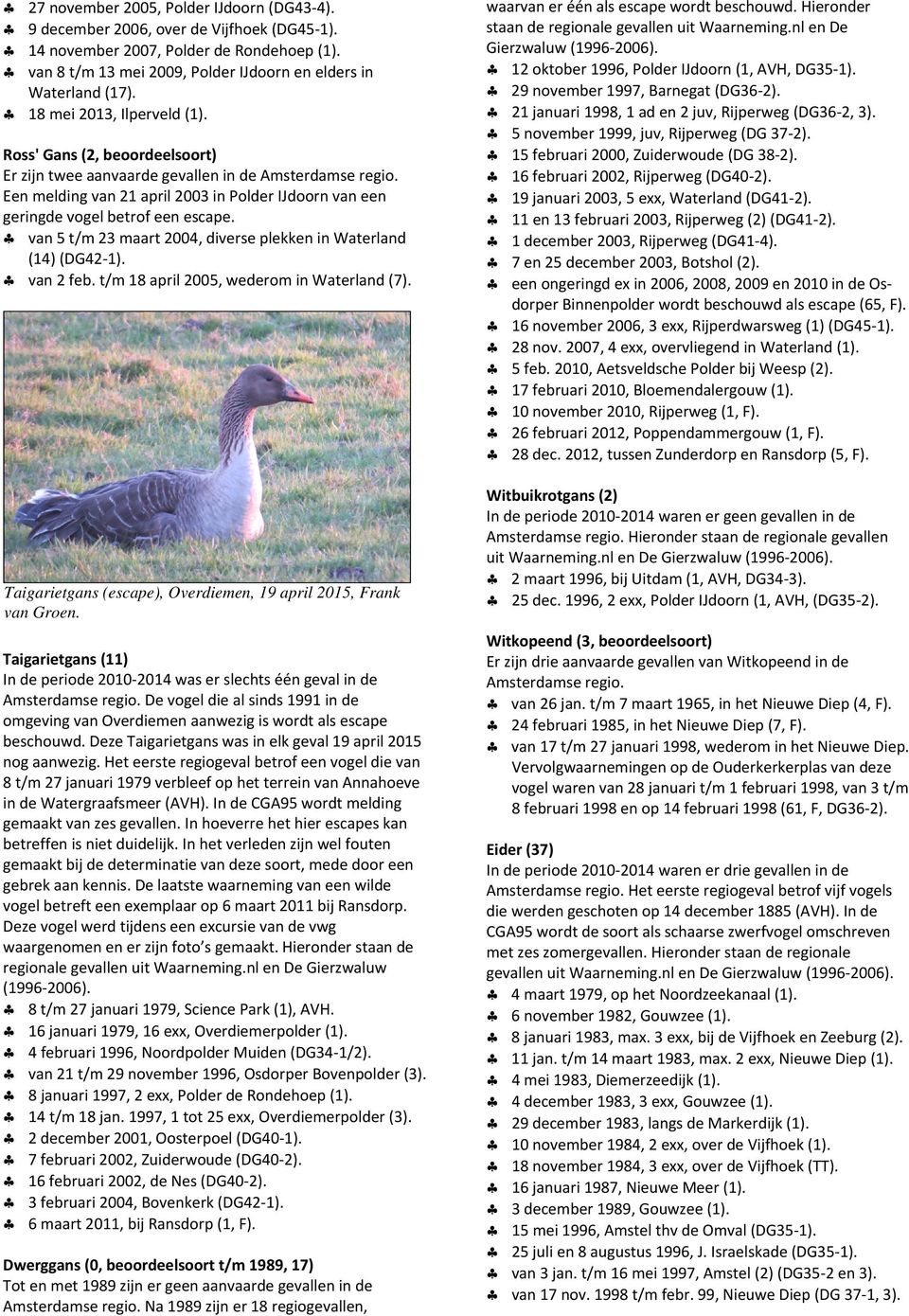 Een melding van 21 april 2003 in Polder IJdoorn van een geringde vogel betrof een escape. van 5 t/m 23 maart 2004, diverse plekken in Waterland (14) (DG42 1). van 2 feb.