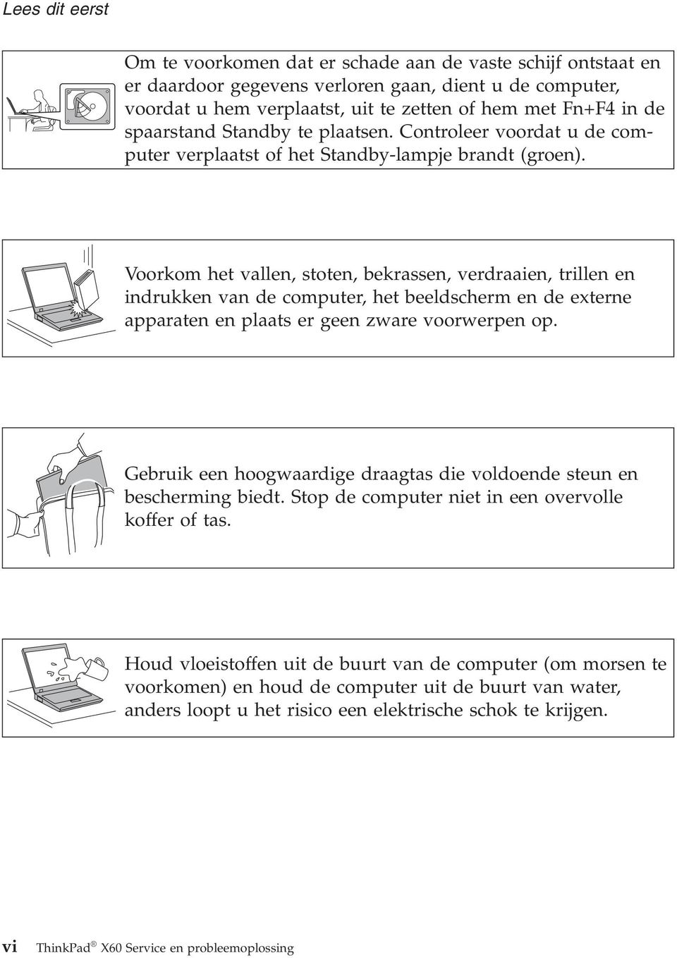 Voorkom het vallen, stoten, bekrassen, verdraaien, trillen en indrukken van de computer, het beeldscherm en de externe apparaten en plaats er geen zware voorwerpen op.