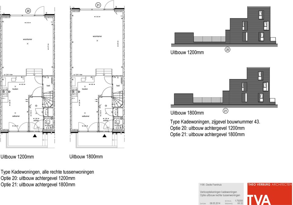 Uitouw 1800mm Type Kadewoningen, alle rechte tussenwoningen Optie 20: uitouw achtergevel