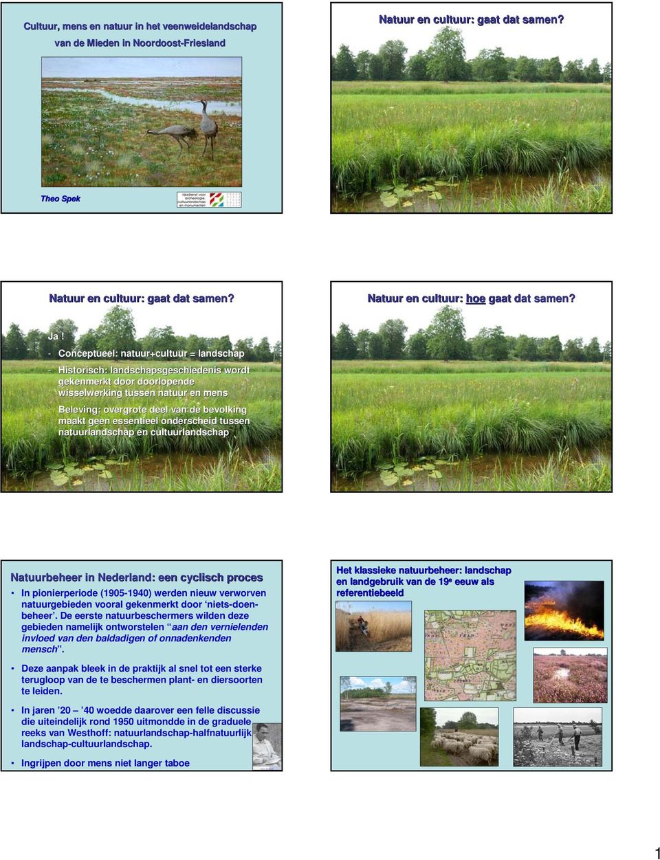 - Conceptueel: natuur+cultuur = landschap - Historisch: landschapsgeschiedenis wordt gekenmerkt door doorlopende wisselwerking tussen natuur en mens - Beleving: overgrote deel van de bevolking maakt