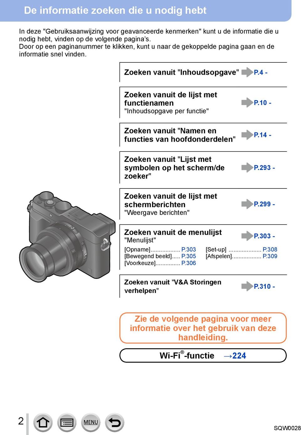 10 - "Inhoudsopgave per functie" Zoeken vanuit "Namen en functies van hoofdonderdelen" P.14 - Zoeken vanuit "Lijst met symbolen op het scherm/de zoeker" P.