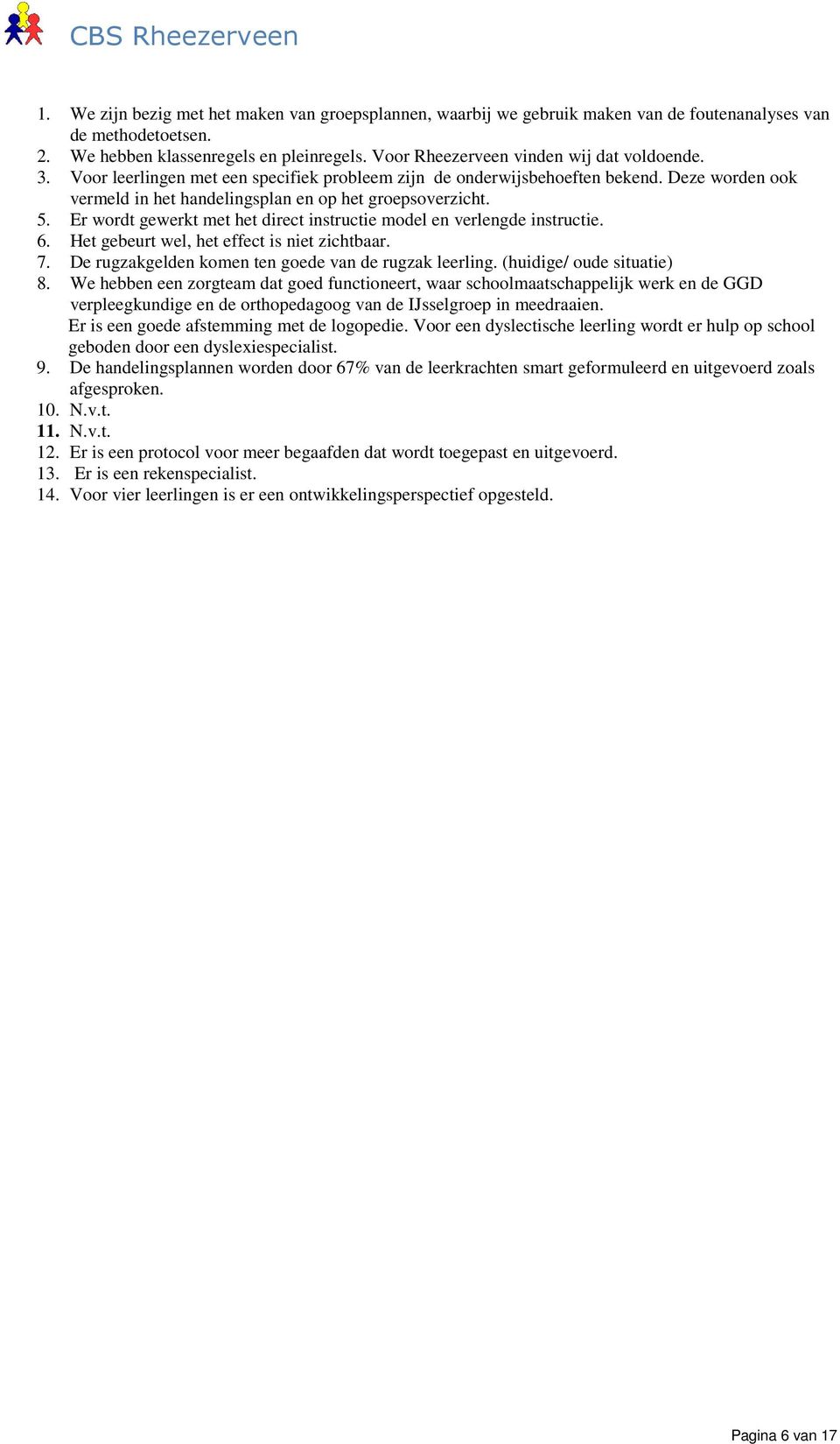 Er wordt gewerkt met het direct instructie model en verlengde instructie. 6. Het gebeurt wel, het effect is niet zichtbaar. 7. De rugzakgelden komen ten goede van de rugzak leerling.