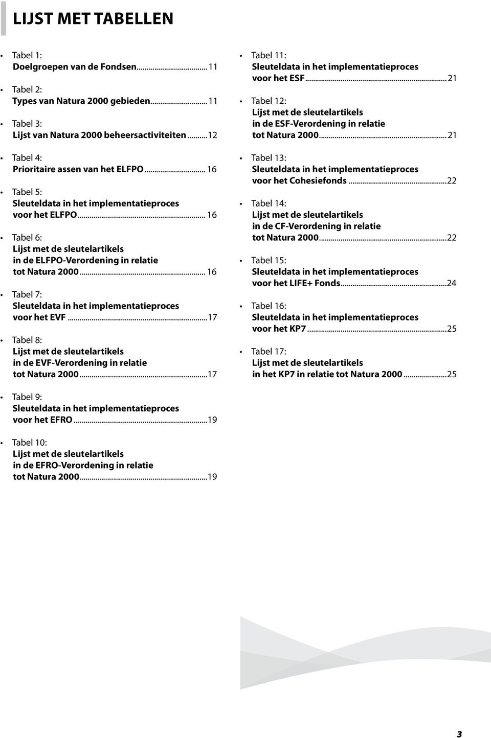 .. 16 Tabel 7: Sleuteldata in het implementatieproces voor het EVF...17 Tabel 8: Lijst met de sleutelartikels in de EVF-Verordening in relatie tot Natura 2000.