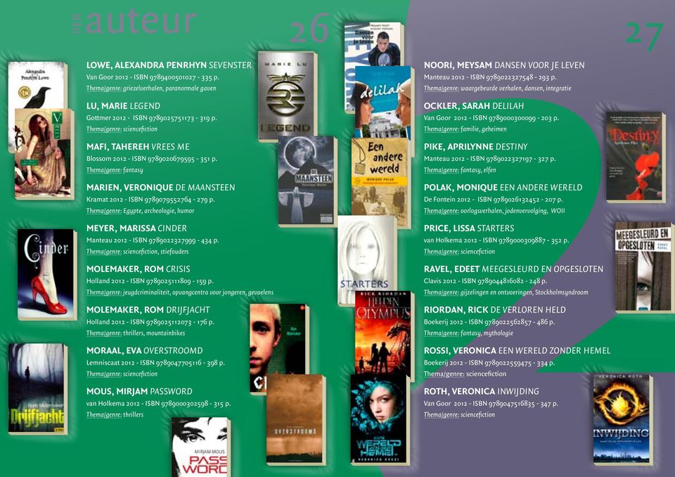 Thema/genre: fantasy Marien, Veronique De maansteen Kramat 2012 - ISBN 9789079552764-279 p. Thema/genre: Egypte, archeologie, humor Meyer, Marissa Cinder Manteau 2012 - ISBN 9789022327999-434 p.