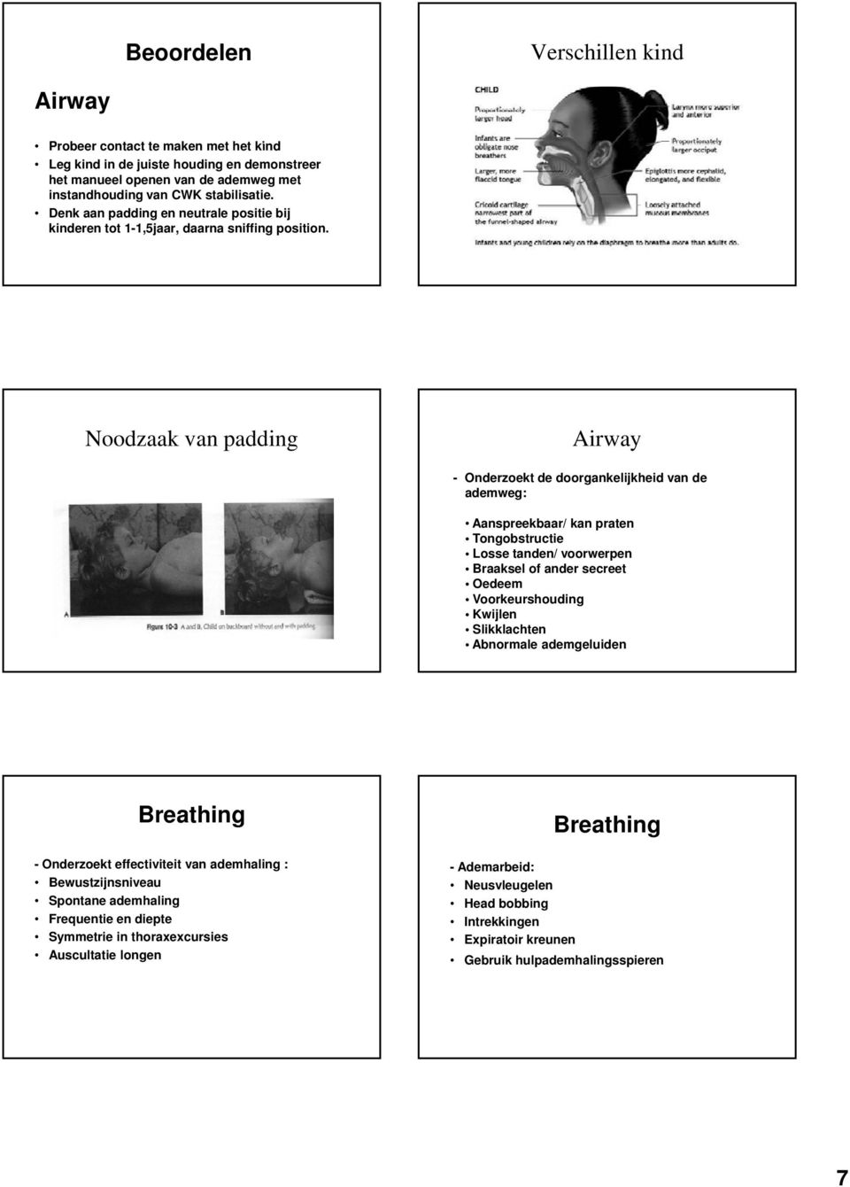 Noodzaak van padding Airway - Onderzoekt de doorgankelijkheid van de ademweg: Aanspreekbaar/ kan praten Tongobstructie Losse tanden/ voorwerpen Braaksel of ander secreet Oedeem Voorkeurshouding