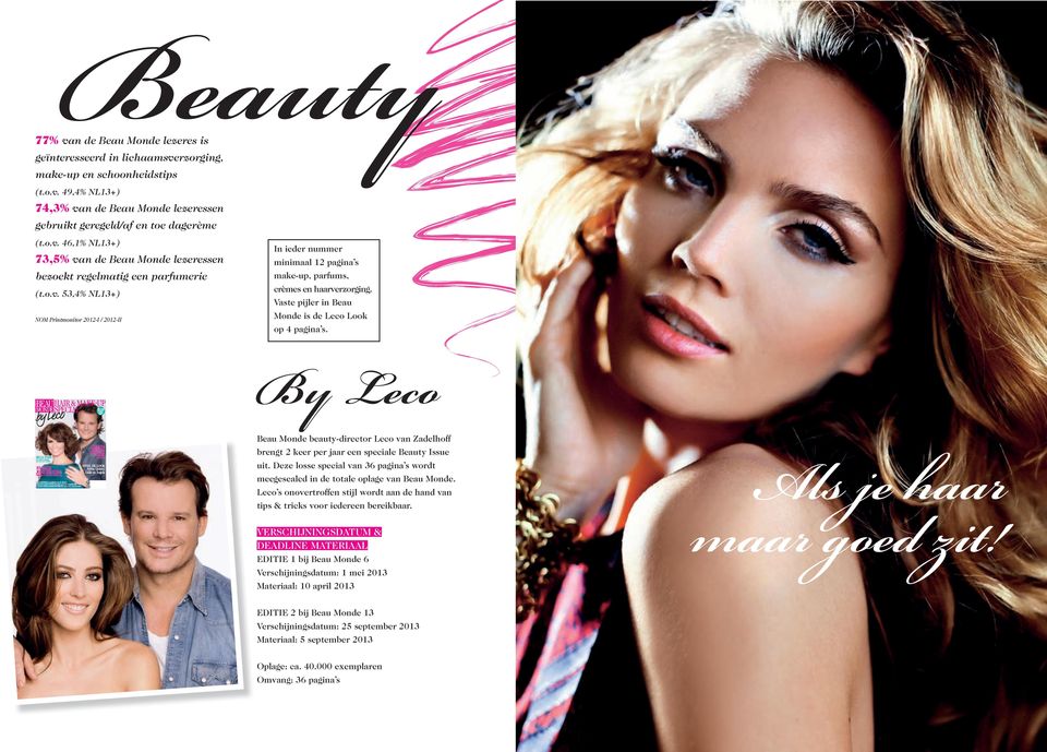 Vaste pijler in Beau Monde is de Leco Look op 4 pagina s. By Leco Beau Monde beauty-director Leco van Zadelhoff brengt 2 keer per jaar een speciale Beauty Issue uit.