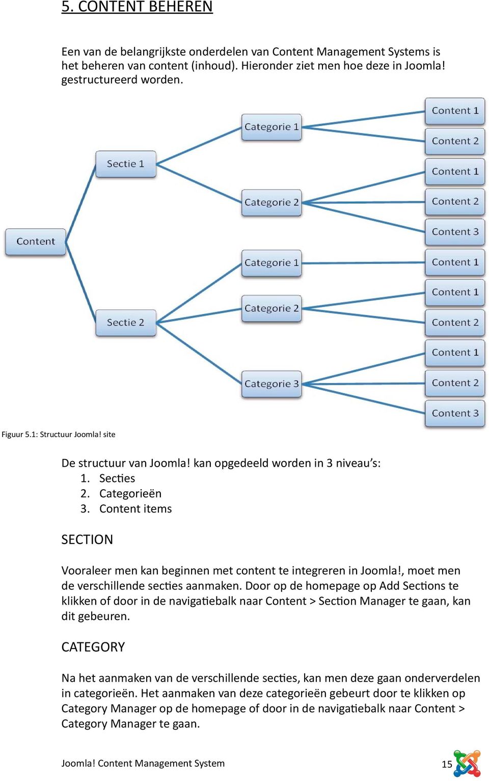 Content items SECTION Vooraleer men kan beginnen met content te integreren in Joomla!, moet men de verschillende secties aanmaken.