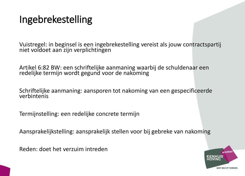 de nakoming Schriftelijke aanmaning: aansporen tot nakoming van een gespecificeerde verbintenis Termijnstelling: een