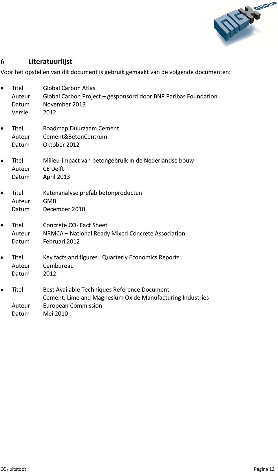 2013 Titel Ketenanalyse prefab betonproducten Auteur GMB Datum December 2010 Titel Concrete CO 2 Fact Sheet Auteur NRMCA National Ready Mixed Concrete Association Datum Februari 2012 Titel Key facts