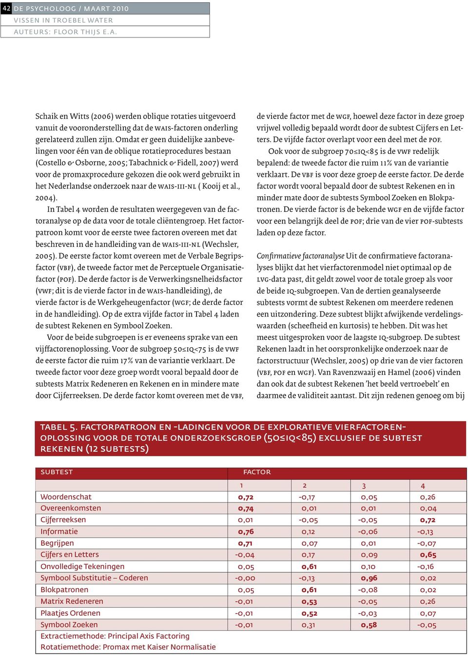 gebruikt in het Nederlandse onderzoek naar de wais-iii-nl ( Kooij et al., 2004). In Tabel 4 worden de resultaten weergegeven van de factoranalyse op de data voor de totale cliëntengroep.