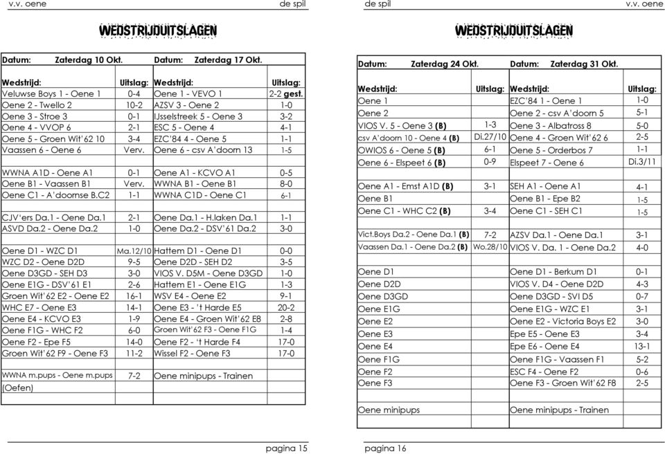 6 Verv. Oene 6 - csv A doorn 13 1-5 WWNA A1D - Oene A1 0-1 Oene A1 - KCVO A1 0-5 Oene B1 - Vaassen B1 Verv. WWNA B1 - Oene B1 8-0 Oene C1 - A doornse B.C2 1-1 WWNA C1D - Oene C1 6-1 CJV ers Da.