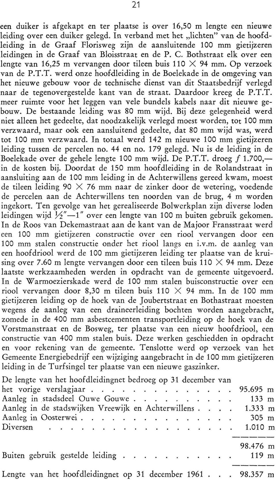 Bothstraat elk over een lengte van 16,25 m vervangen door tileen buis 110 X 94 mm. Op verzoek van de P.T.