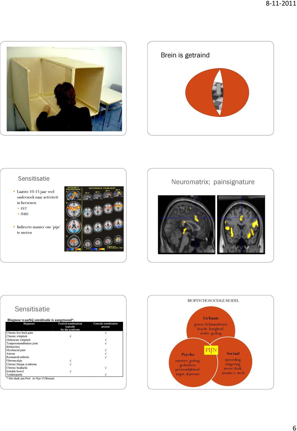 Diagnoses Central sensitizatiom typically for the syndrome Chronic low back pain Chronic whiplash (Sub)acute whiplash Temporomandibulare joint disfunction Myofascial pain Artrose Reumatoïd arthritis