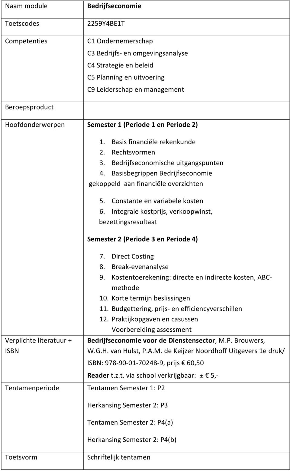 Constante en variabele kosten 6. Integrale kostprijs, verkoopwinst, bezettingsresultaat Semester 2 (Periode 3 en Periode 4) Verplichte literatuur + ISBN Tentamenperiode 7. Direct Costing 8.