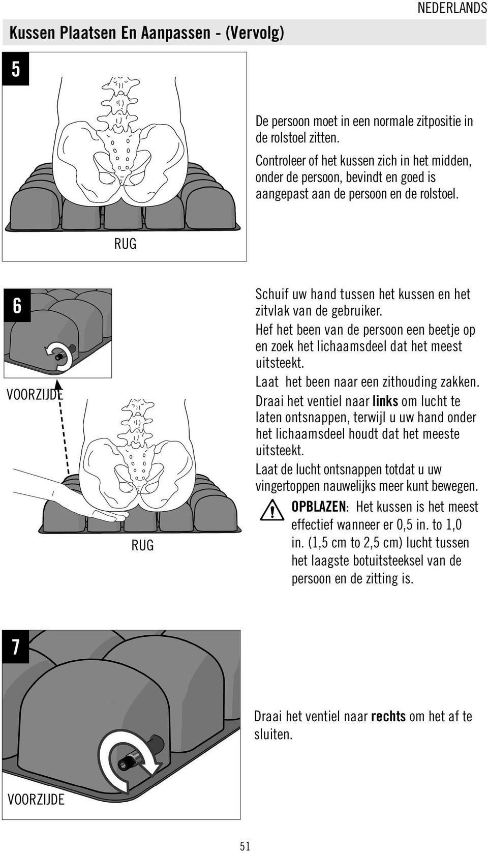 RUG 6 VOORZIJDE RUG Schuif uw hand tussen het kussen en het zitvlak van de gebruiker. Hef het been van de persoon een beetje op en zoek het lichaamsdeel dat het meest uitsteekt.