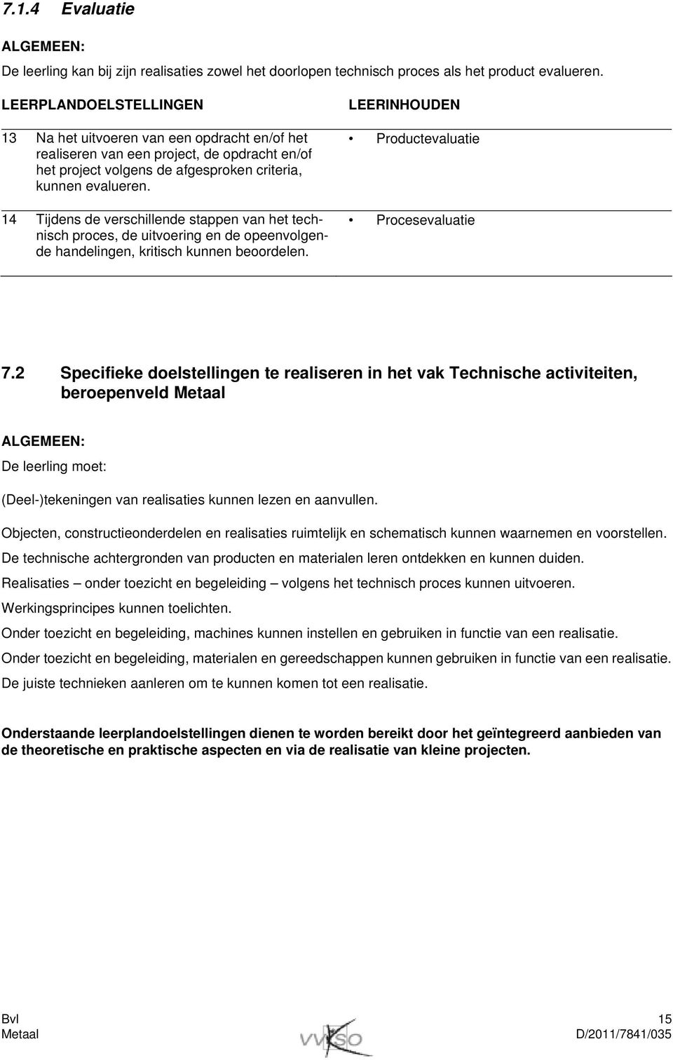 14 Tijdens de verschillende stappen van het technisch proces, de uitvoering en de opeenvolgende handelingen, kritisch kunnen beoordelen. LEERINHOUDEN Productevaluatie Procesevaluatie 7.