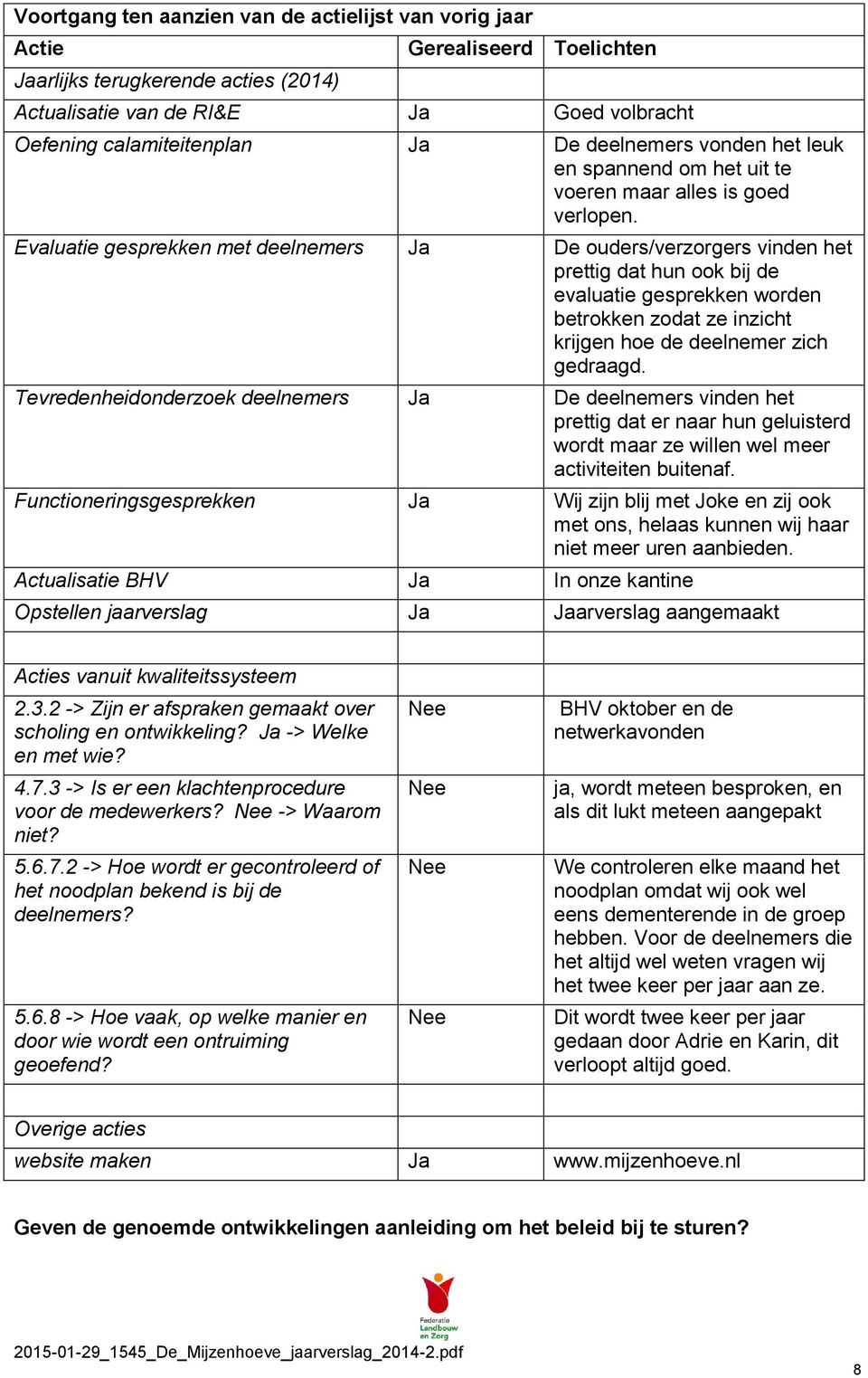 Evaluatie gesprekken met deelnemers De ouders/verzorgers vinden het prettig dat hun ook bij de evaluatie gesprekken worden betrokken zodat ze inzicht krijgen hoe de deelnemer zich gedraagd.