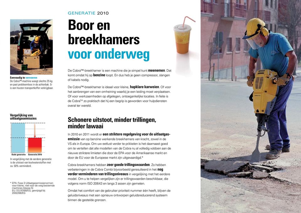 * EPA: Fase 3 Uitlaatgasemissienormen voor kleine, niet voor de weg bestemde machines (klasse 5) EU: EG 97/68/EG, gewijzigd bij 2002/88/EG De Cobra -breekhamer is een machine die je simpel kunt