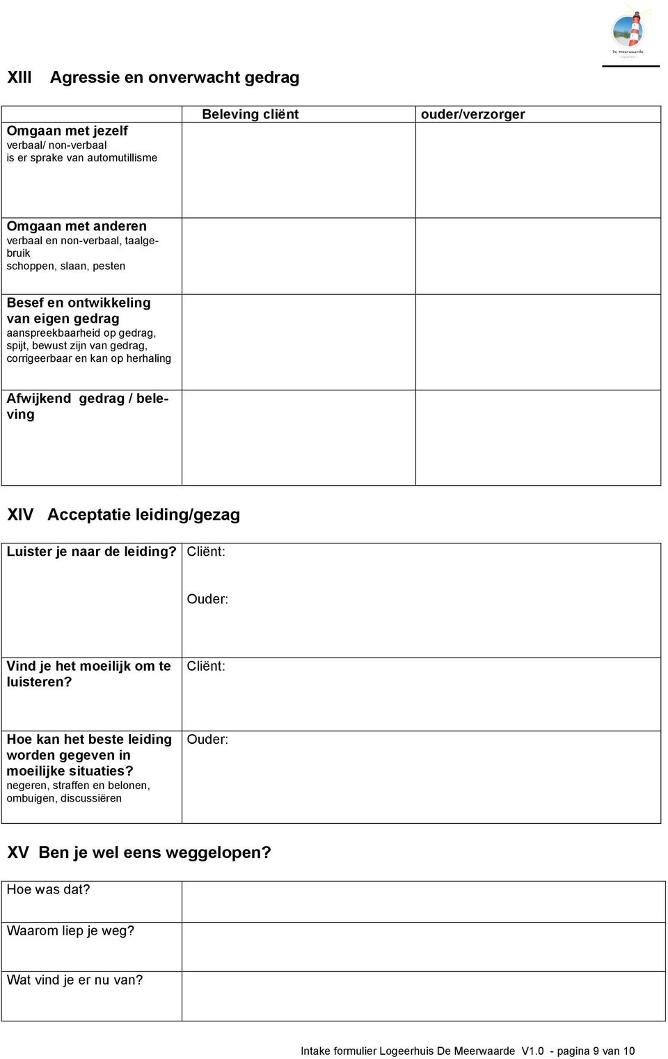 Acceptatie leiding/gezag Luister je naar de leiding? Cliënt: Ouder: Vind je het moeilijk om te luisteren? Cliënt: Hoe kan het beste leiding worden gegeven in moeilijke situaties?