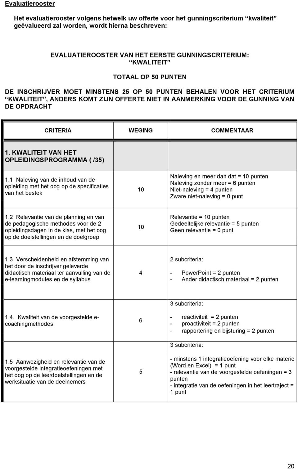 OPDRACHT CRITERIA WEGING COMMENTAAR 1. KWALITEIT VAN HET OPLEIDINGSPROGRAMMA ( /35) 1.