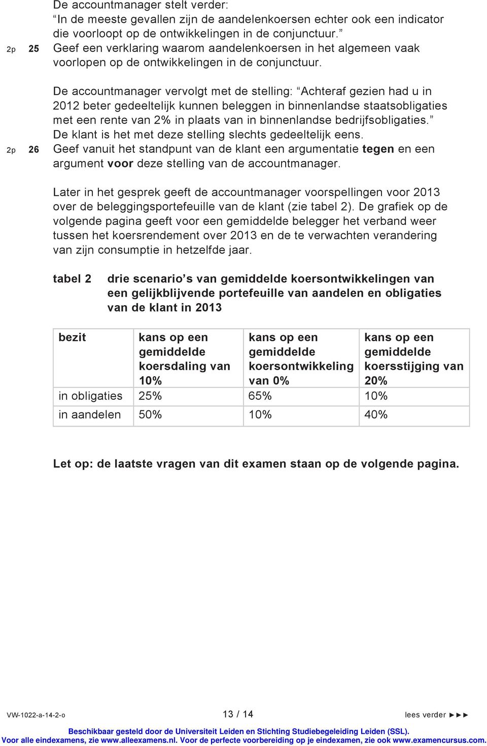 De accountmanager vervolgt met de stelling: Achteraf gezien had u in 2012 beter gedeeltelijk kunnen beleggen in binnenlandse staatsobligaties met een rente van 2% in plaats van in binnenlandse