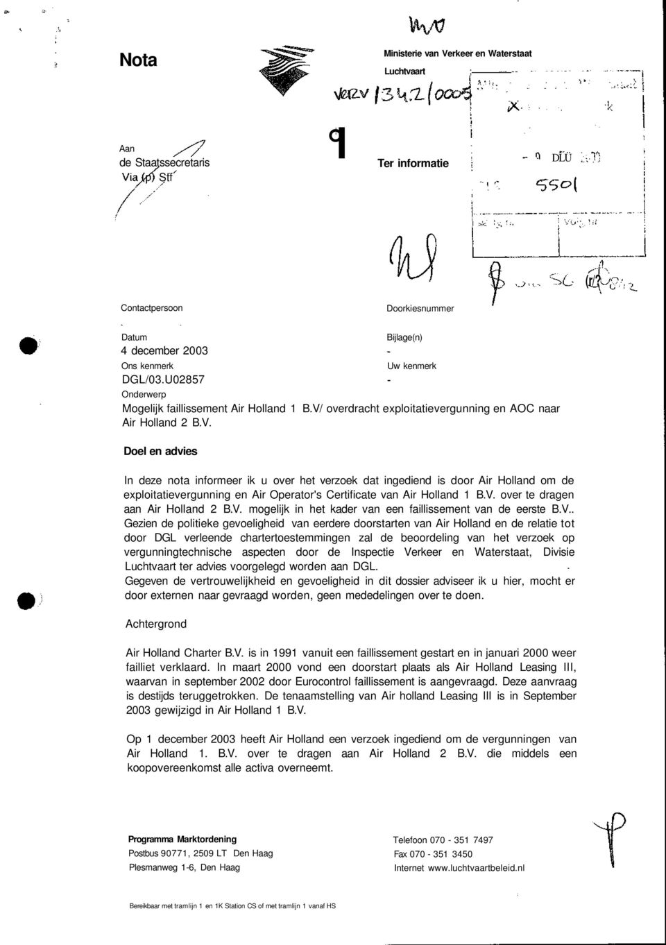 overdracht exploitatievergunning en AOC naar Air Holland 2 B.V.