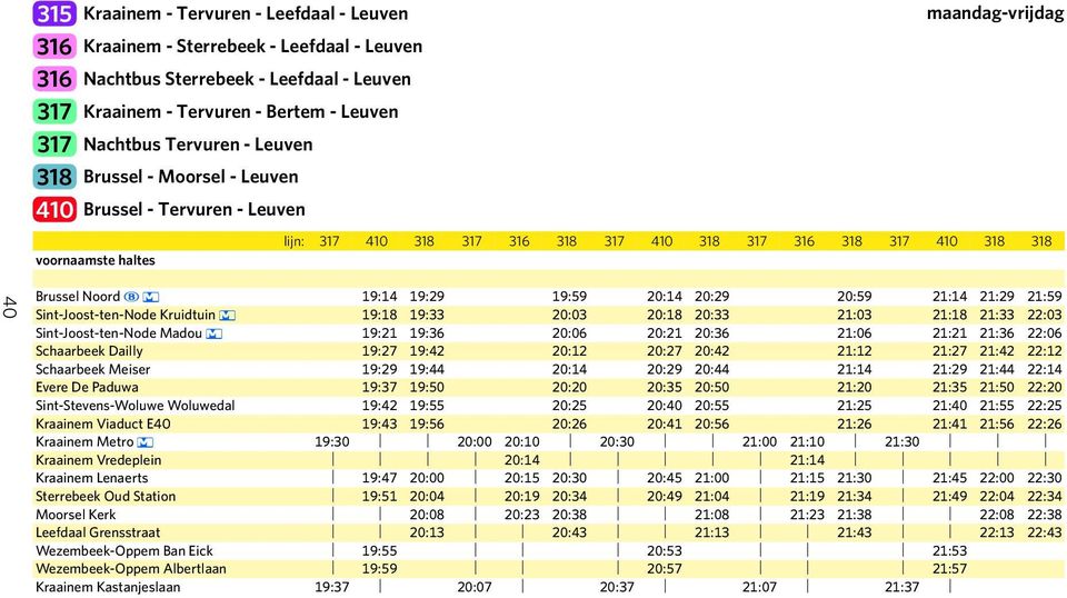 20:29 20:59 21:14 21:29 21:59 Sint-Joost-ten-Node Kruidtuin 19:18 19:33 20:03 20:18 20:33 21:03 21:18 21:33 22:03 Sint-Joost-ten-Node Madou 19:21 19:36 20:06 20:21 20:36 21:06 21:21 21:36 22:06