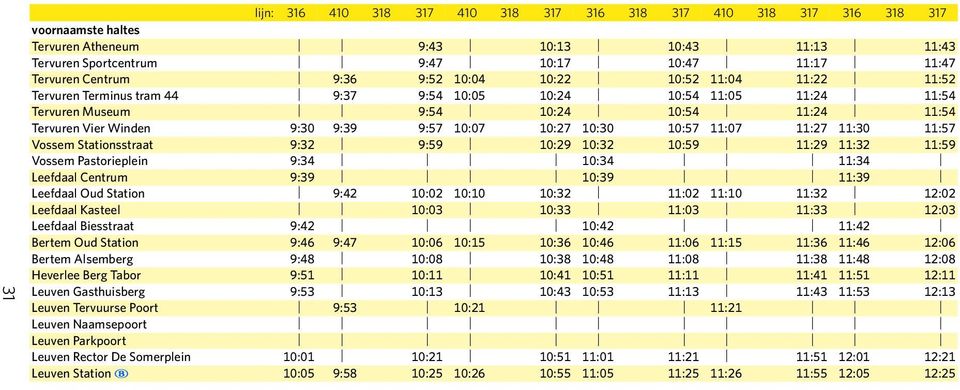 10:27 10:30 10:57 11:07 11:27 11:30 11:57 Vossem Stationsstraat 9:32 9:59 10:29 10:32 10:59 11:29 11:32 11:59 Vossem Pastorieplein 9:34 10:34 11:34 Leefdaal Centrum 9:39 10:39 11:39 Leefdaal Oud