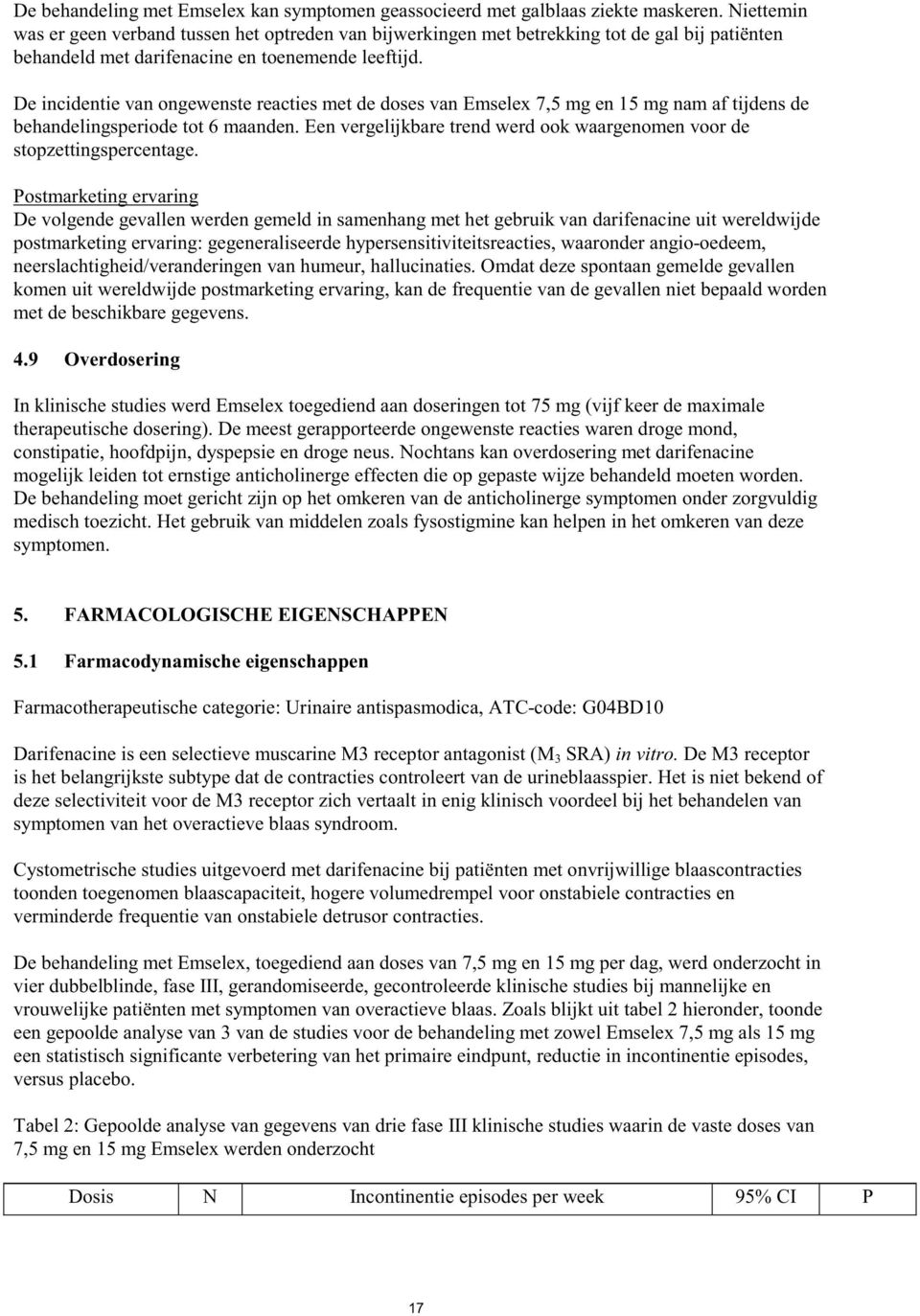 De incidentie van ongewenste reacties met de doses van Emselex 7,5 mg en 15 mg nam af tijdens de behandelingsperiode tot 6 maanden.