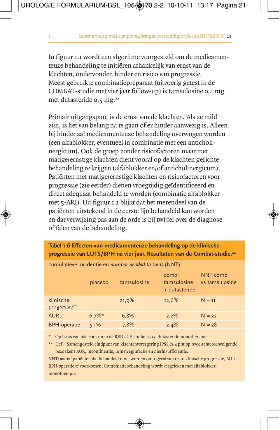 Meest gebruikte combinatiepreparaat (uitvoerig getest in de COMBAT-studie met vier jaar follow-up) is tamsulosine 0,4 mg met dutasteride 0,5 mg. 22 Primair uitgangspunt is de ernst van de klachten.