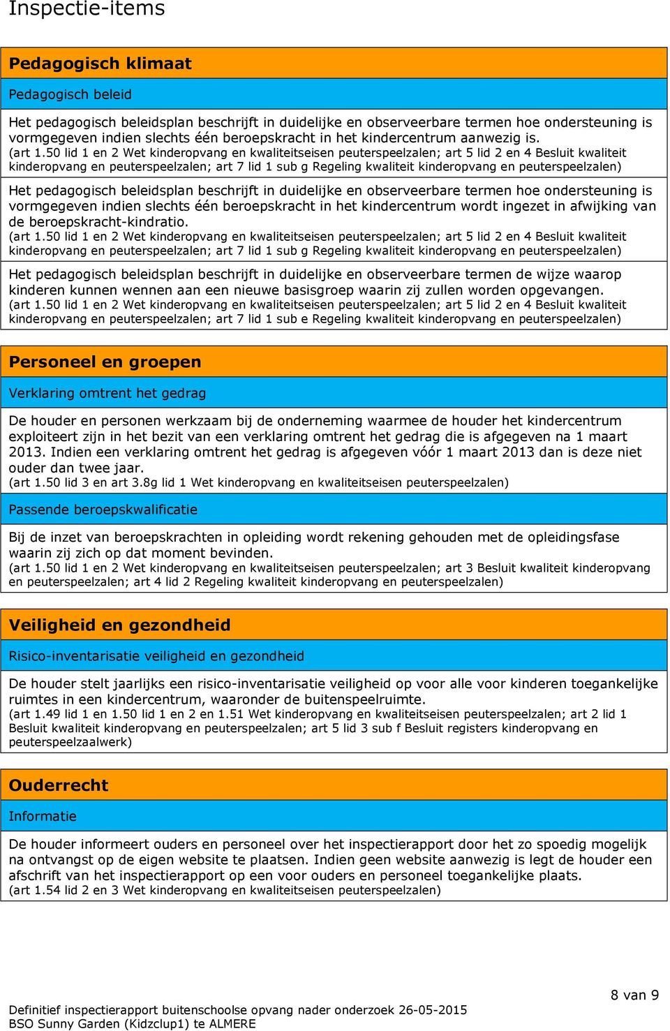 50 lid 1 en 2 Wet kinderopvang en kwaliteitseisen peuterspeelzalen; art 5 lid 2 en 4 Besluit kwaliteit kinderopvang en peuterspeelzalen; art 7 lid 1 sub g Regeling kwaliteit kinderopvang en