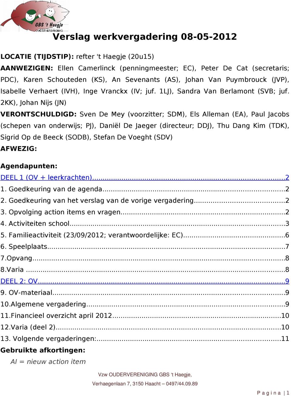 2KK), Johan Nijs (JN) VERONTSCHULDIGD: Sven De Mey (voorzitter; SDM), Els Alleman (EA), Paul Jacobs (schepen van onderwijs; PJ), Daniël De Jaeger (directeur; DDJ), Thu Dang Kim (TDK), Sigrid Op de