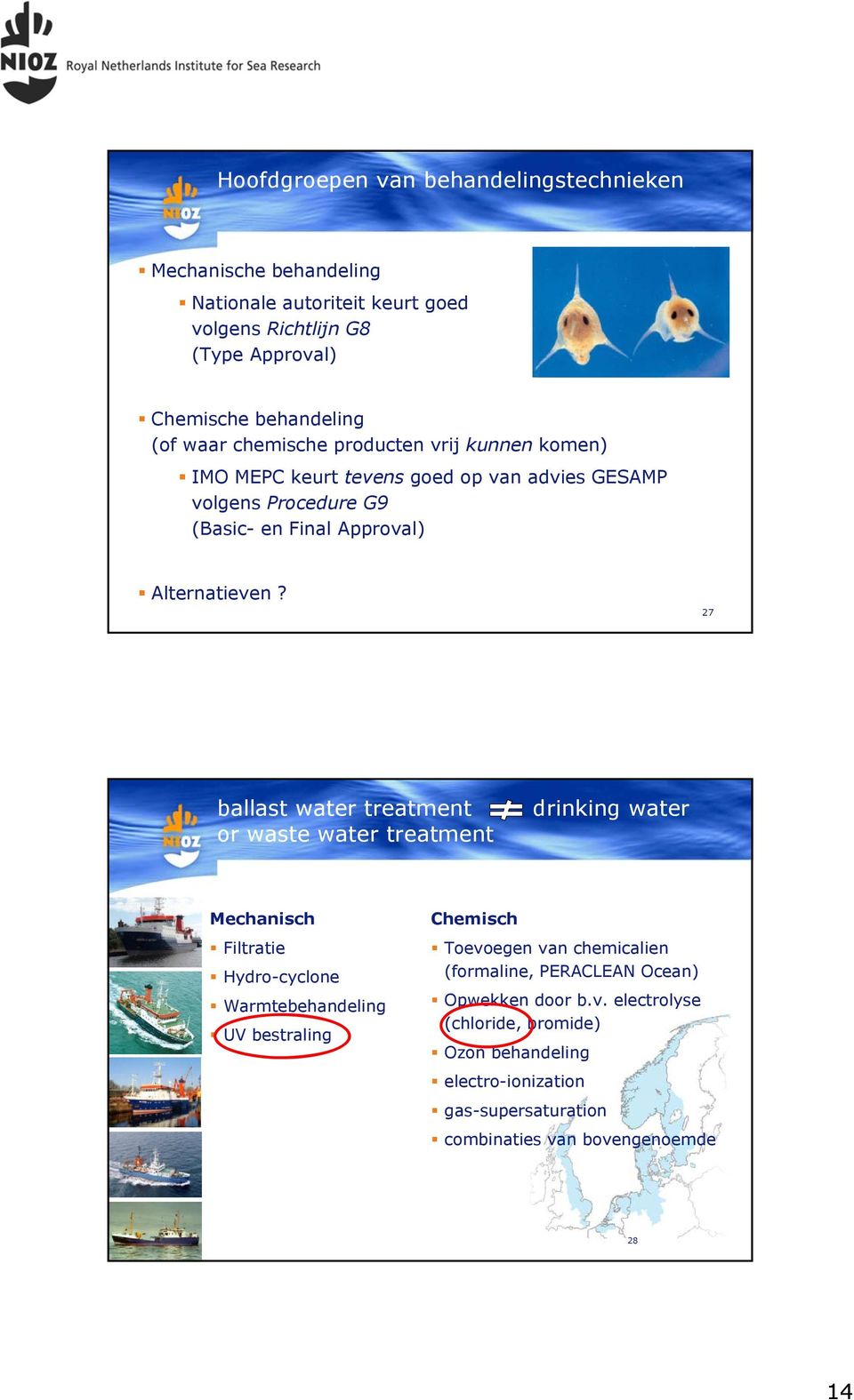 27 ballast water treatment or waste water treatment drinking water Mechanisch Filtratie Hydro-cyclone Warmtebehandeling UV bestraling Chemisch Toevoegen van