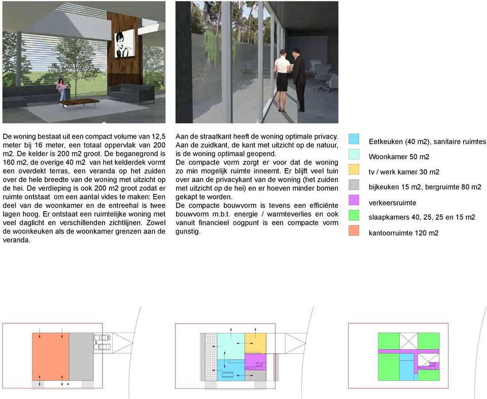 De verdieping is ook 200 m2 groot zodat er ruimte ontstaat om een aantal vides te maken: Een deel van de woonkamer en de entreehal is twee lagen hoog.