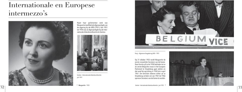 Parijs - Algemene Vergadering UNO - 1951 Genève - Internationale Arbeidsconferentie juli 1951 Op 21 oktober 1953 wordt Marguerite de eerste vrouwelijke Secretaris van de Kamer.