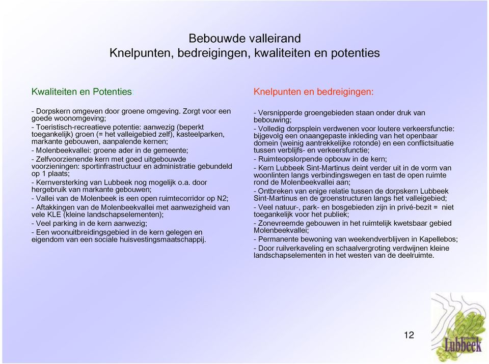 Molenbeekvallei: groene ader in de gemeente; - Zelfvoorzienende kern met goed uitgebouwde voorzieningen: sportinfrastructuur en administratie gebundeld op 1 plaats; - Kernversterking van Lubbeek nog