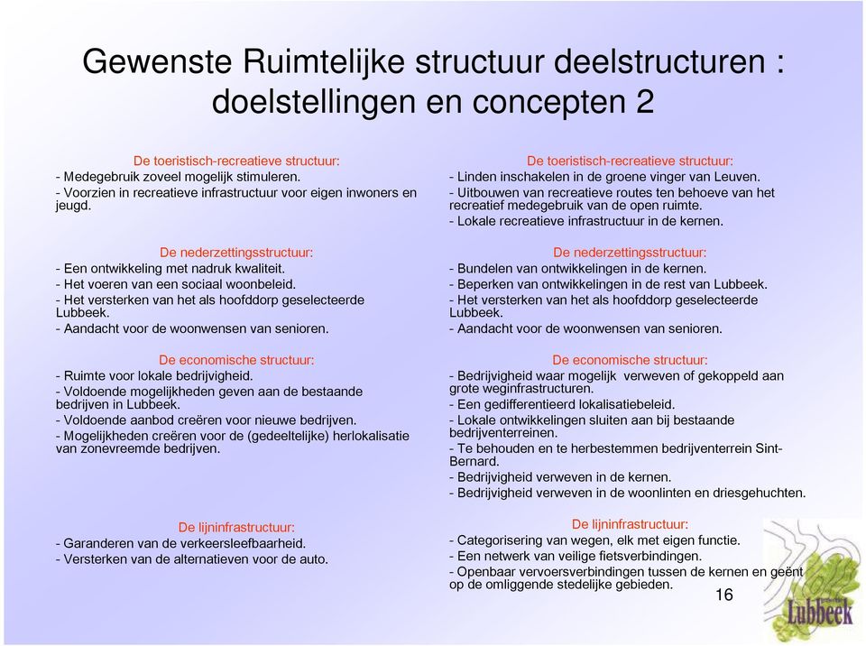 - Het versterken van het als hoofddorp geselecteerde Lubbeek. - Aandacht voor de woonwensen van senioren. De economische structuur: - Ruimte voor lokale bedrijvigheid.