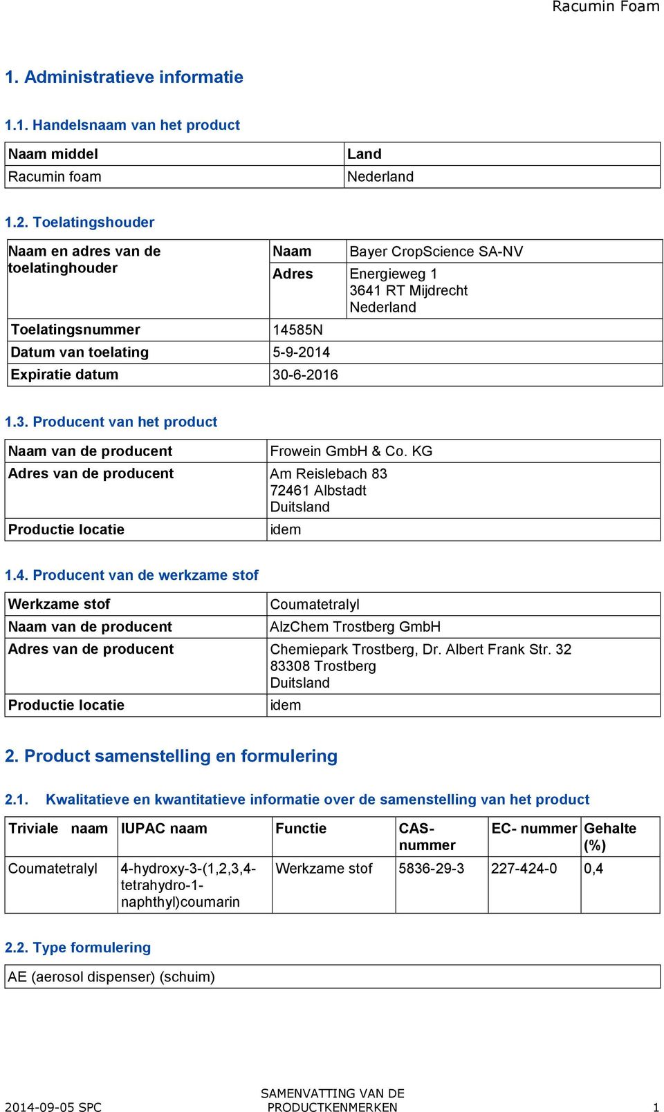 30-6-2016 1.3. Producent van het product Naam van de producent Frowein GmbH & Co. KG Adres van de producent Am Reislebach 83 7246