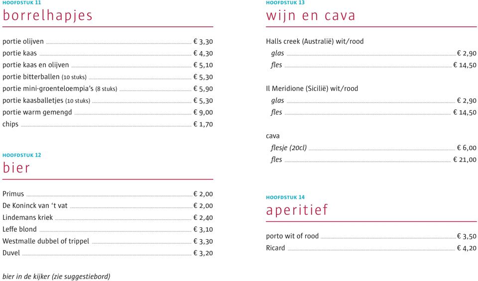 .. 1,70 hoofdstuk 12 bier Halls creek (Australië) wit/rood glas... 2,90 fles... 14,50 Il Meridione (Sicilië) wit/rood glas... 2,90 fles... 14,50 cava flesje (20cl)... 6,00 fles.