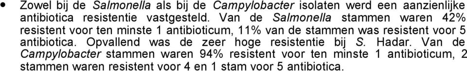 Van de Salmonella stammen waren 42% resistent voor ten minste antibioticum, % van de stammen was resistent