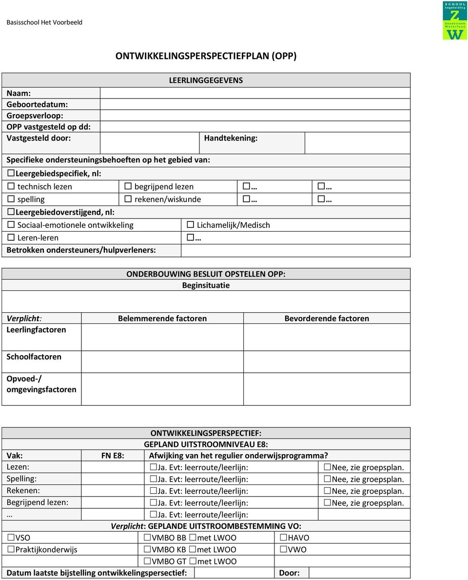 Lichamelijk/Medisch ONDERBOUWING BESLUIT OPSTELLEN OPP: Beginsituatie Verplicht: Belemmerende factoren Bevorderende factoren Leerlingfactoren Schoolfactoren Opvoed-/ omgevingsfactoren