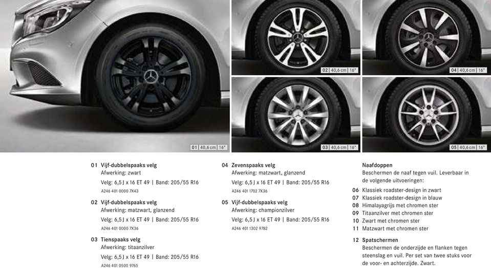 Zevenspaaks velg Afwerking: matzwart, glanzend Velg: 6,5 J x 16 ET 49 Band: 205/55 R16 A246 401 1702 7X36 05 Vijf-dubbelspaaks velg Afwerking: championzilver Velg: 6,5 J x 16 ET 49 Band: 205/55 R16