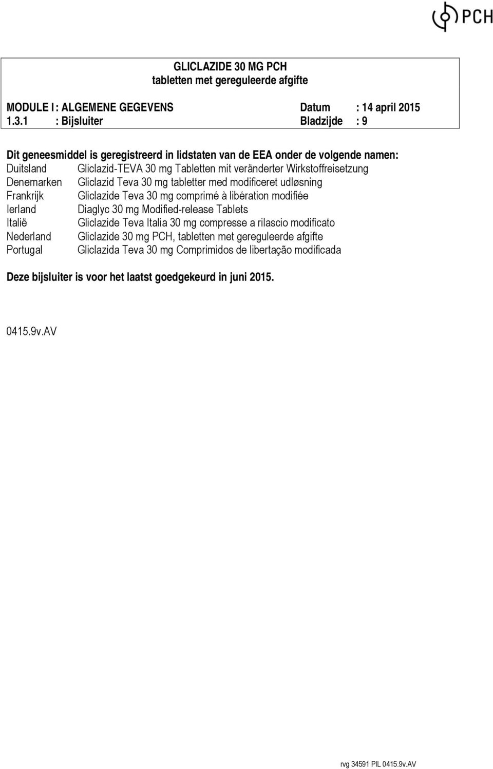 comprimé à libération modifiée Ierland Diaglyc 30 mg Modified-release Tablets Italië Gliclazide Teva Italia 30 mg compresse a rilascio modificato