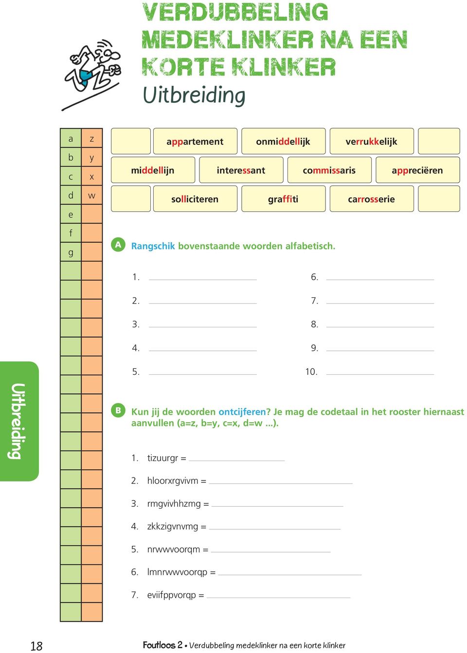 B Kun jij de woorden ontcijferen? Je mag de codetaal in het rooster hiernaast aanvullen (a=z, b=y, c=x, d=w...). 1. tizuurgr = 2.