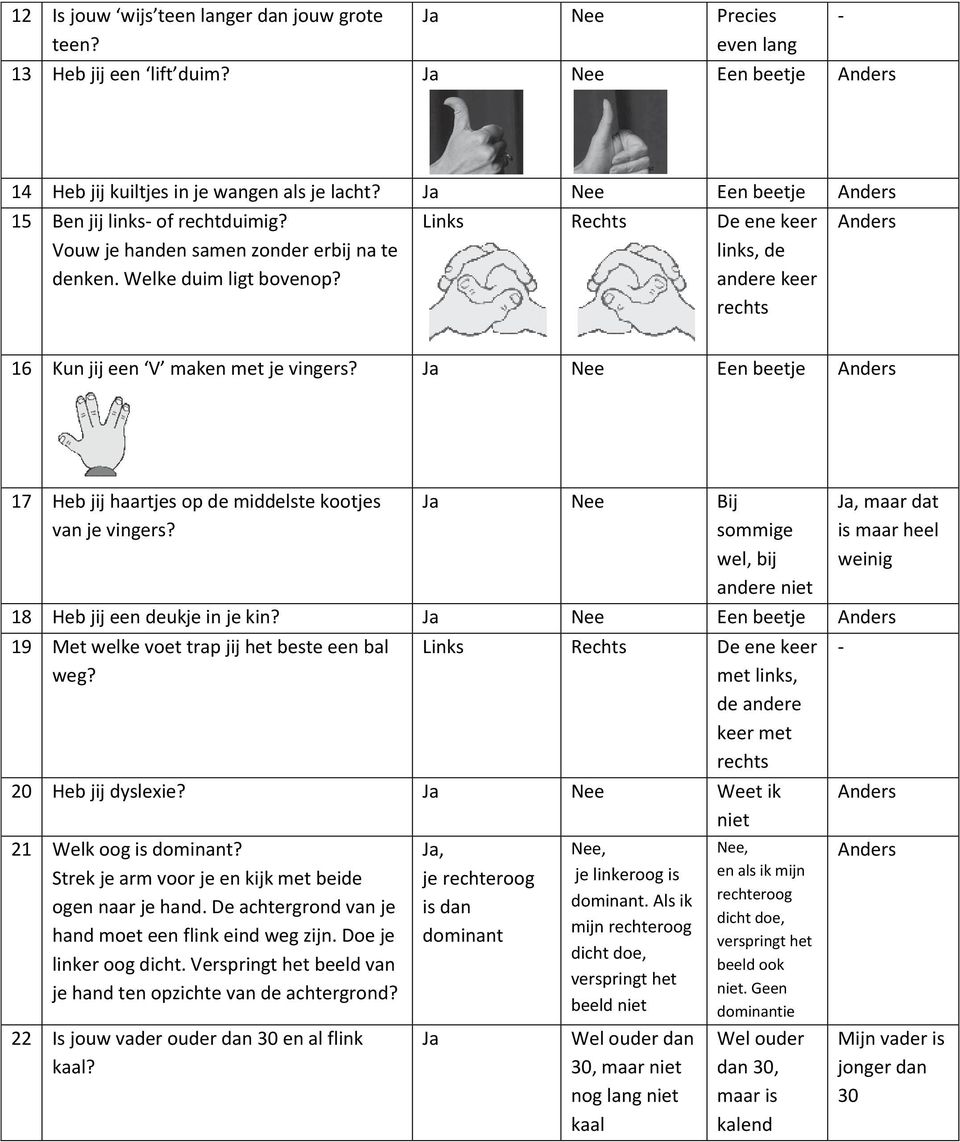 Links Rechts De ene keer links, de andere keer rechts Anders 16 Kun jij een V maken met je vingers? Ja Nee Een beetje Anders 17 Heb jij haartjes op de middelste kootjes van je vingers?