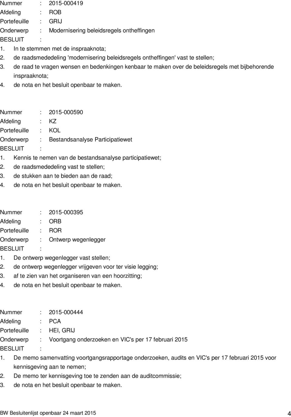 de raad te vragen wensen en bedenkingen kenbaar te maken over de beleidsregels met bijbehorende inspraaknota; Nummer : 2015-000590 Afdeling : KZ Onderwerp : Bestandsanalyse Participatiewet 1.