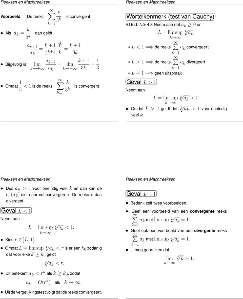 Omdat L > geldt dat > voor oneindig veel. Reesen en Machtreesen Reesen en Machtreesen 4-27 Dus > voor oneindig veel en dan an de rij ( ) niet naar nul convergeren. De rees is dan divergent.