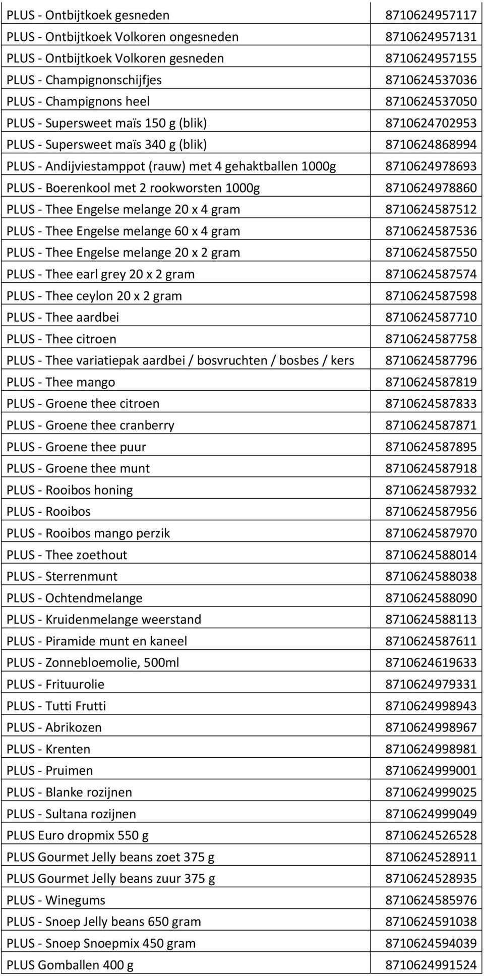 met 2 rookworsten 1000g 8710624978860 PLUS Thee Engelse melange 20 x 4 gram 8710624587512 PLUS Thee Engelse melange 60 x 4 gram 8710624587536 PLUS Thee Engelse melange 20 x 2 gram 8710624587550 PLUS