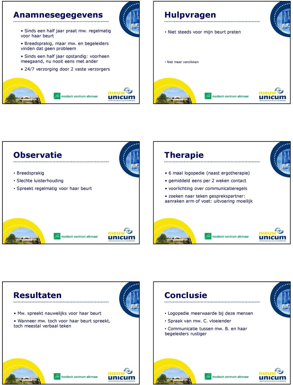 verslikken Observatie Therapie Breedsprakig Slechte luisterhouding Spreekt regelmatig voor haar beurt 6 maal logopedie (naast ergotherapie) gemiddeld eens per 2 weken contact voorlichting over