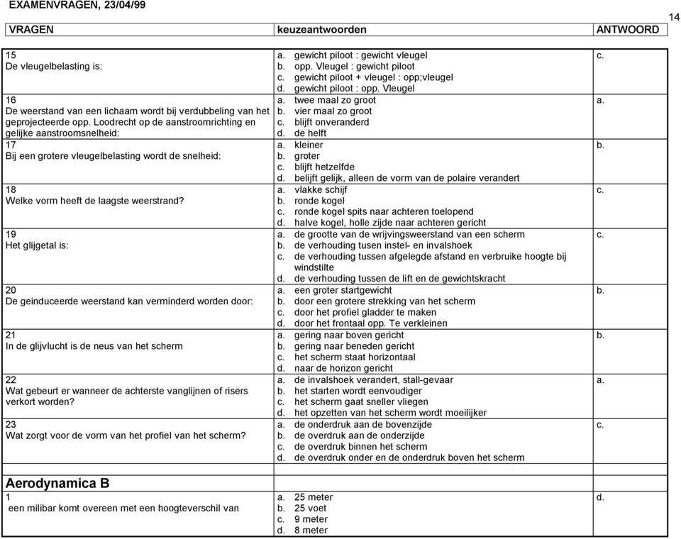 19 Het glijgetal is: 20 De geinduceerde weerstand kan verminderd worden door: 21 In de glijvlucht is de neus van het scherm 22 Wat gebeurt er wanneer de achterste vanglijnen of risers verkort worden?